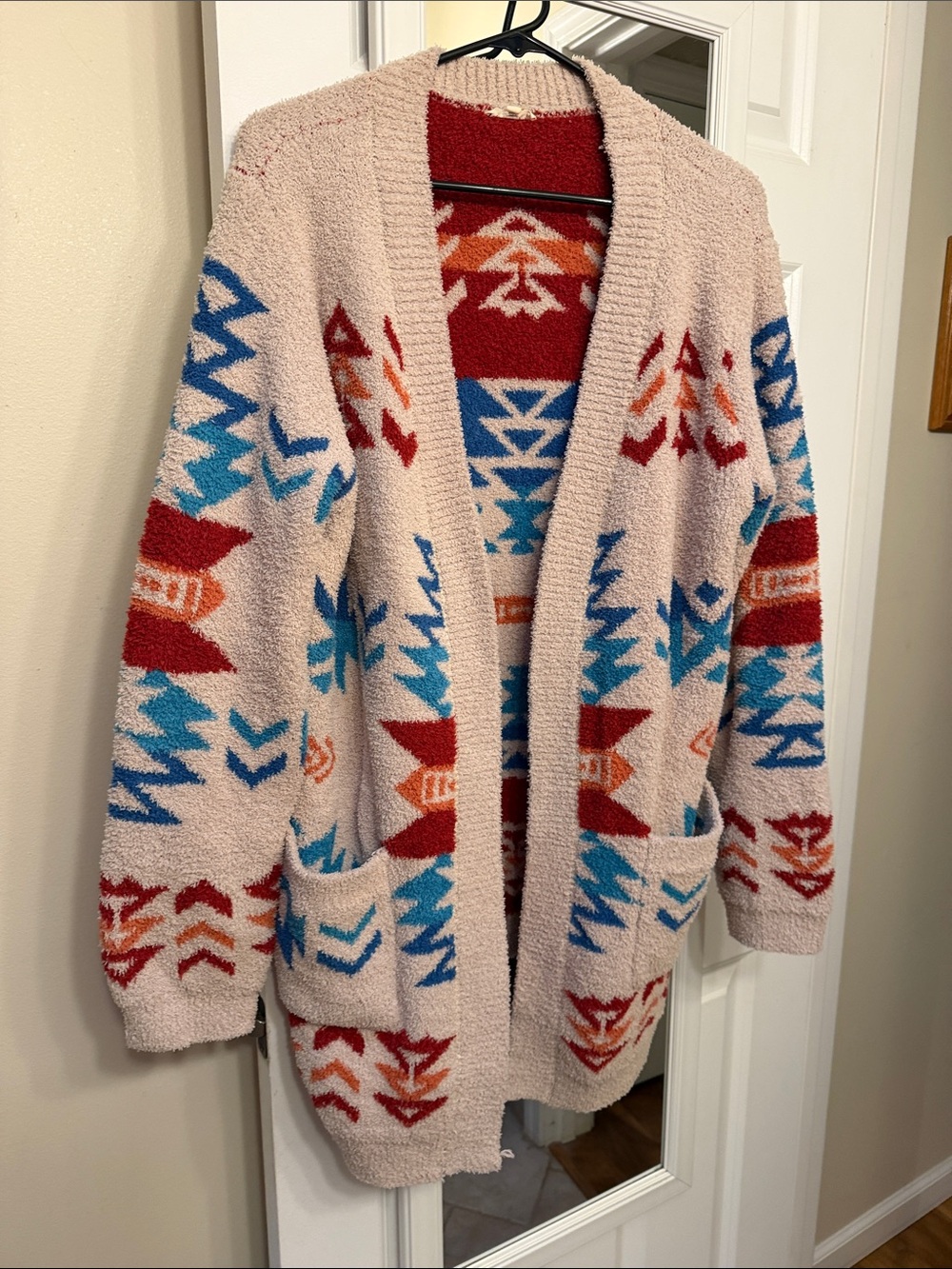 Cozy Aztec Open-Front Cardigan Sweater - Cream with Red & Blue Pattern
